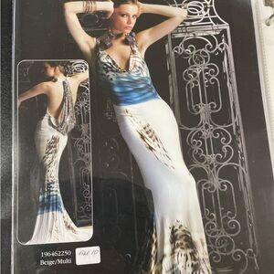 Jovani Backless Dress with Blue, Brown, and White Design